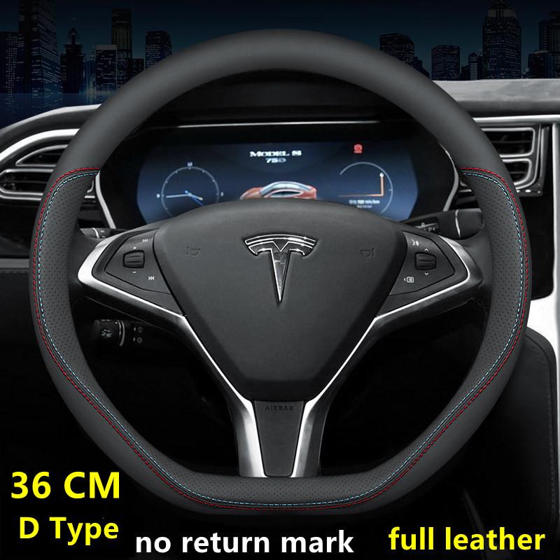 Steering Wheel Cover For Tesla Model 3 Y S X Nappa Leather 4 Seasons 36-39 CM Diameter Black Car Interior Accessories 2017-2024
