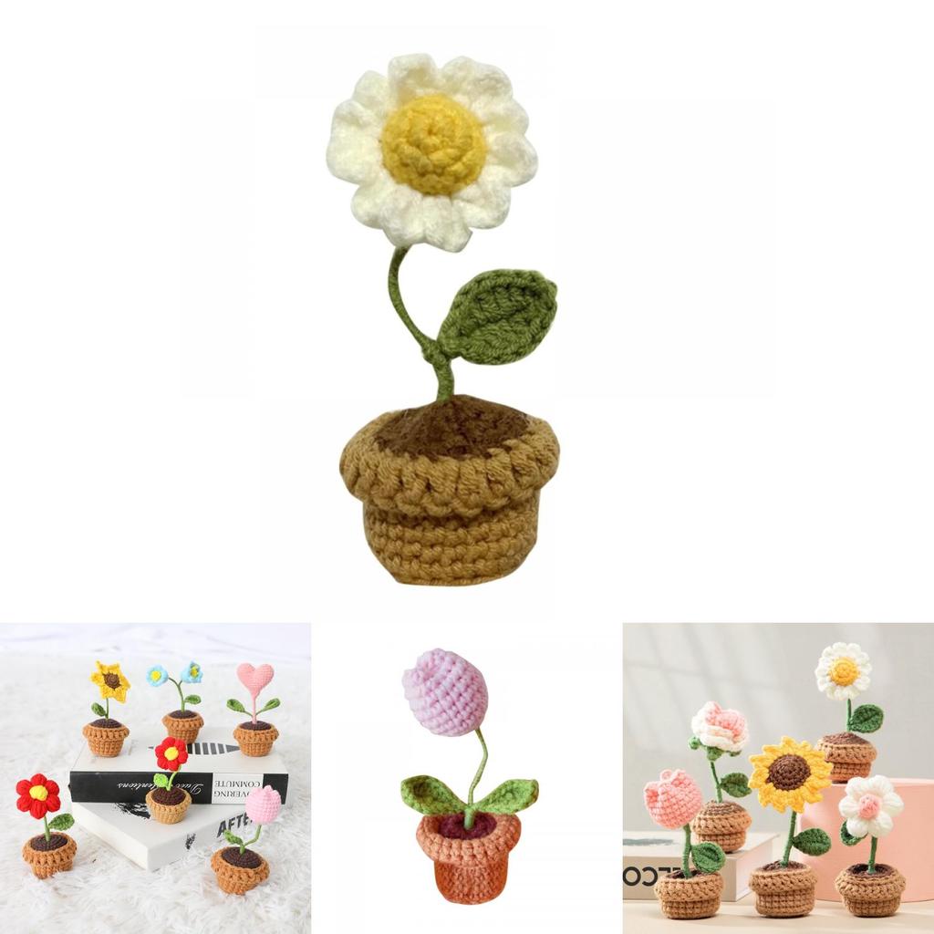 Potted Plant Handmade Crochet Artificial Knitting Flower Home Decor Diy