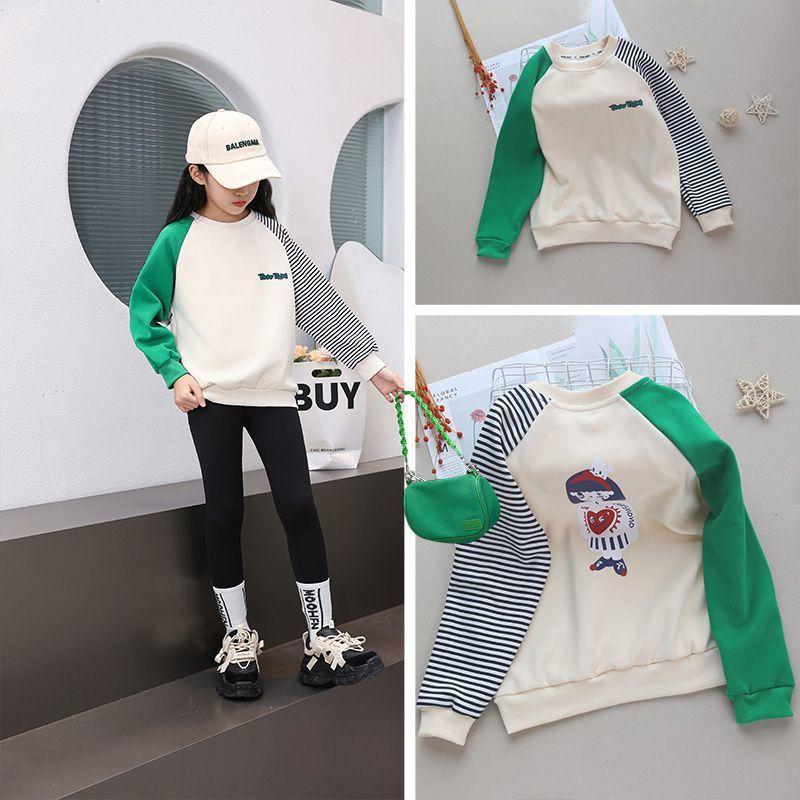Girls Striped Block Sweatshirt Casual Loose Cartoon Top For Spring Autumn Middle Big Kids Fashion Long Sleeve Shirt