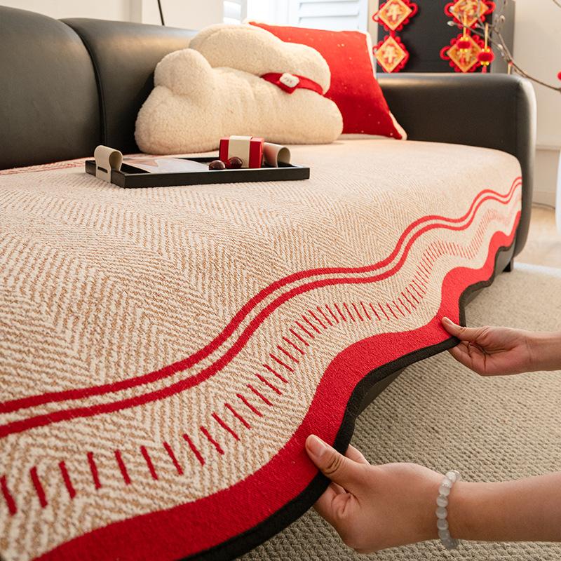 Premium Leather Sofa Cushion Autumn And Winter Plush  New Four-Season Universal Fixed Non-Slip Straight Row Seat Cushion Cover