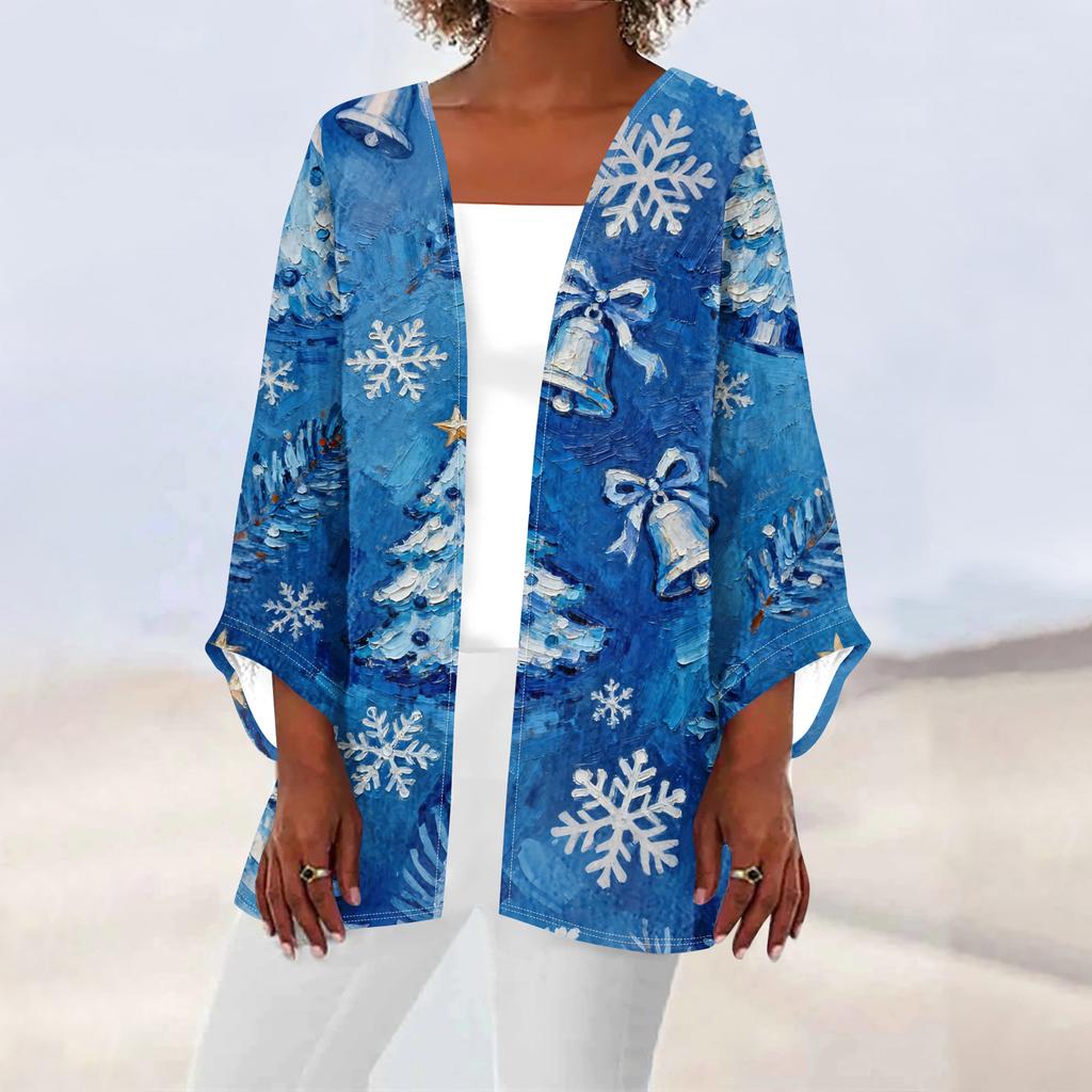 Women's Casual And Fashionable Christmas Printed Lightweight Mid Length Jacket Cardigan