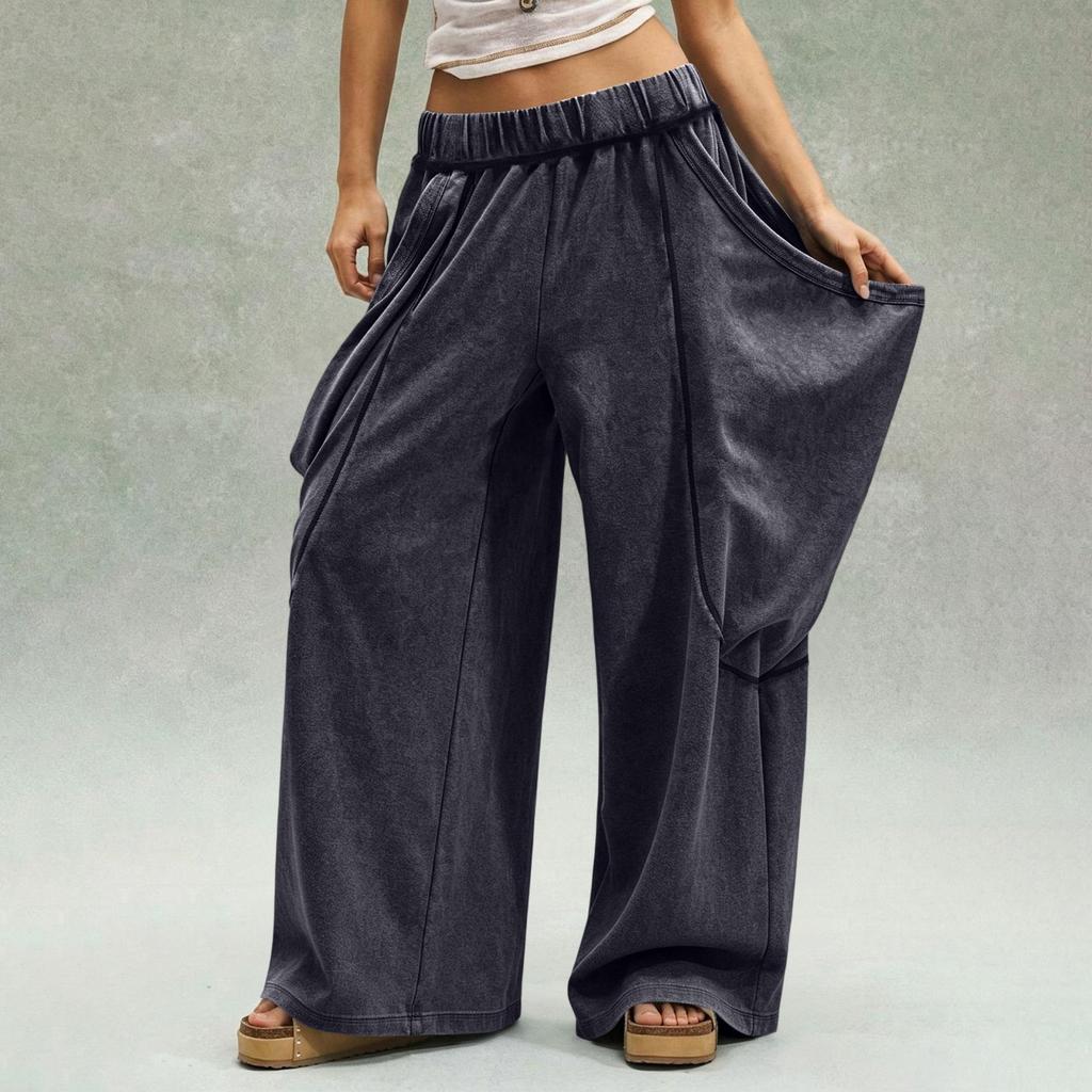Women's Fashion Wide Leg Pants with Elastic Waist and Large Pockets, Color Loose Fit Casual Trousers