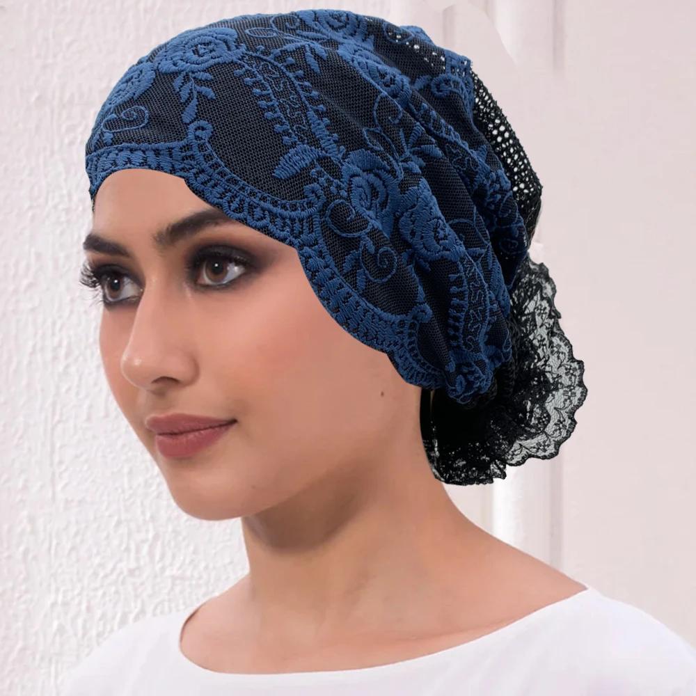 Embroidery Lace Turban Cap for Women Summer Breathable Head Wraps Bonnet