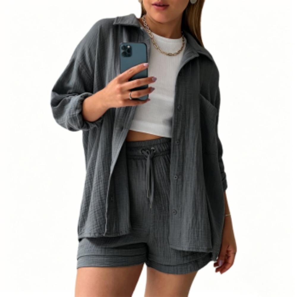 

Spring Summer Outdoor Street Women s Shirt Shorts 2-piece Set Fashion Women s Long Sleeved Shirt Shorts Home Casual Women s Set Clothing S