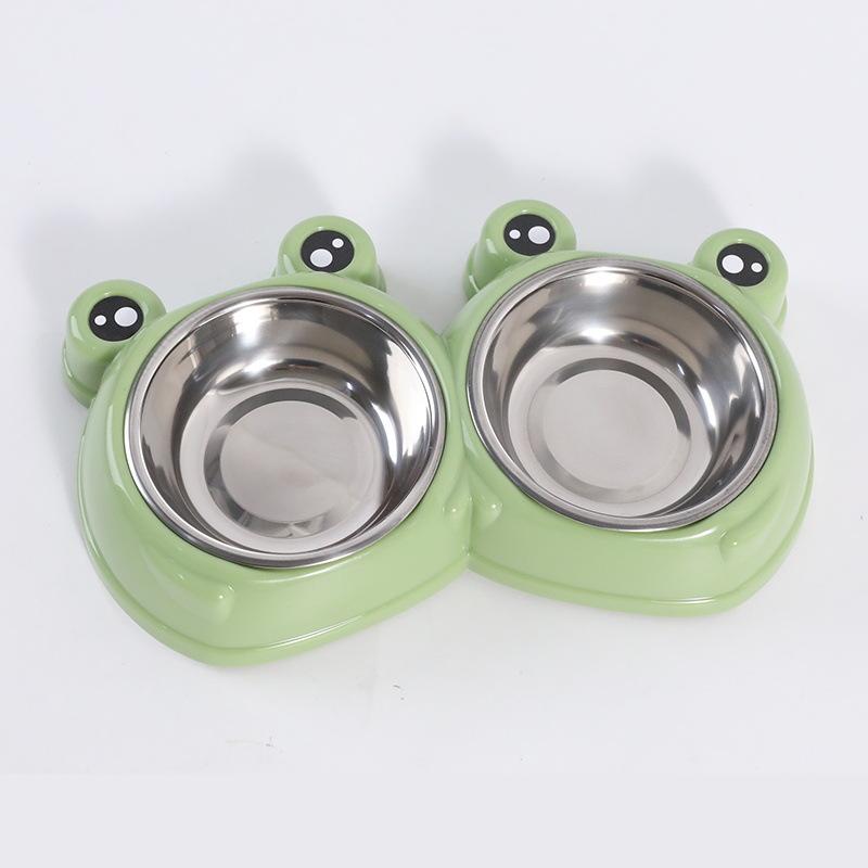 Cute frog-shaped stainless steel pet double bowl - large capacity to prevent spilling - cat drinking bowl for dogs' food dish