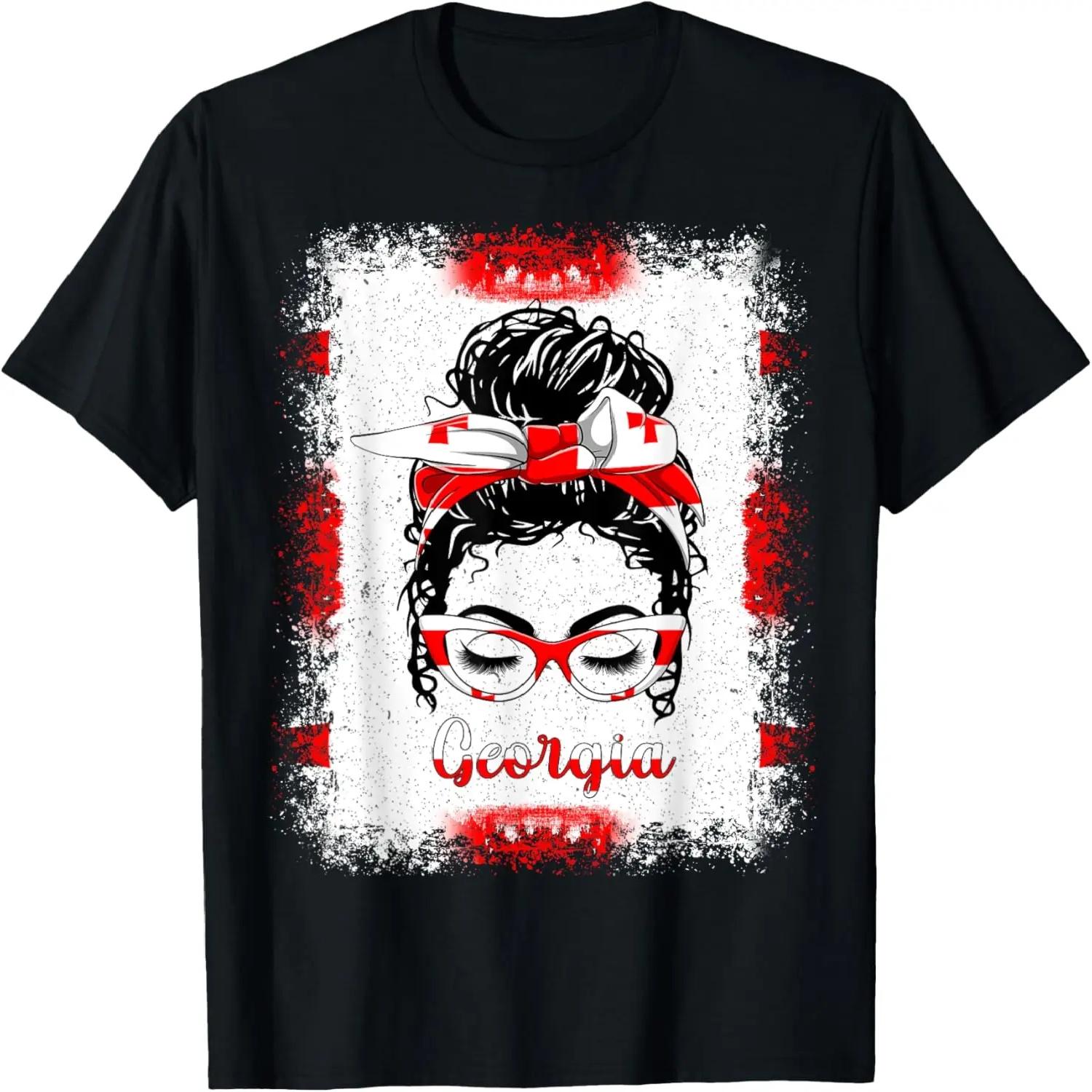 Messy Bun Girl Georgia Flag Georgian Mens Womens Kids T-Shirt S чёрный