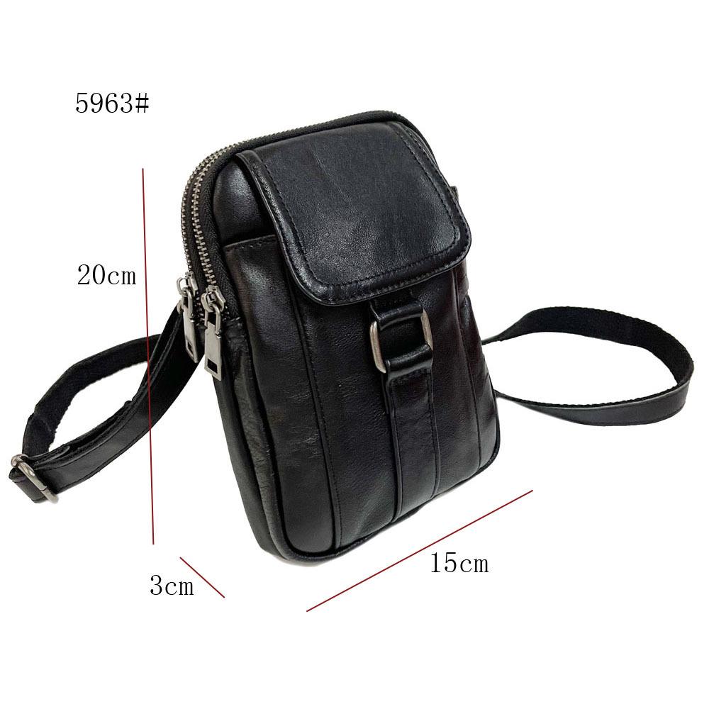 Men'S Genuine Leather Mobile Phone Bag Wearing Belt Waist Bag Multi-Function Shoulder Messenger Bag Black Cowhide Double Zipper Bag
