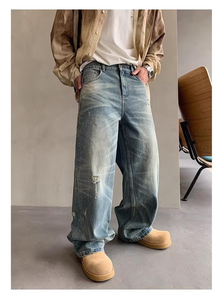 Men's Washed Distressed Wide-Leg Jeans - Retro American Street Style, Floor-Length, Perfect for Spring and Autumn
