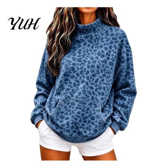 Loose Fit Sweatshirt Women Leopard Print Sweatshirt, Mock Neck Long Sleeve Pullover with Top Kangaroo Pocket, Drop Shoulder Casual for Fall
