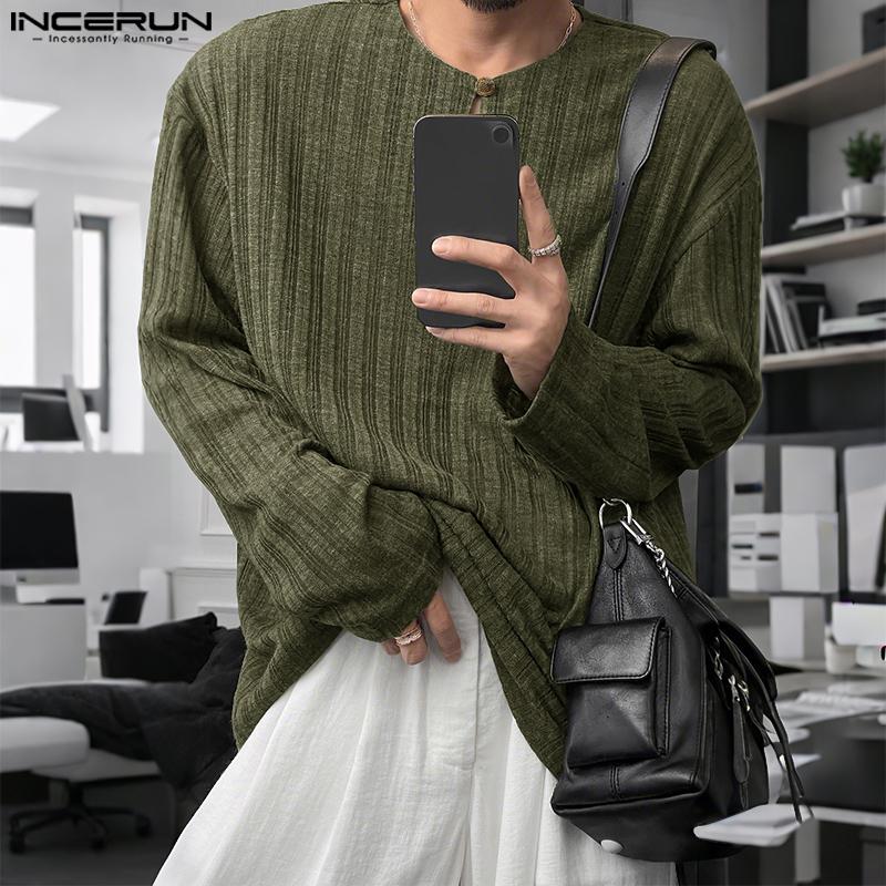 INCERUN Men Crew Neck Long Sleeve Semi-Sheer Thin Casual Tops T-shirts