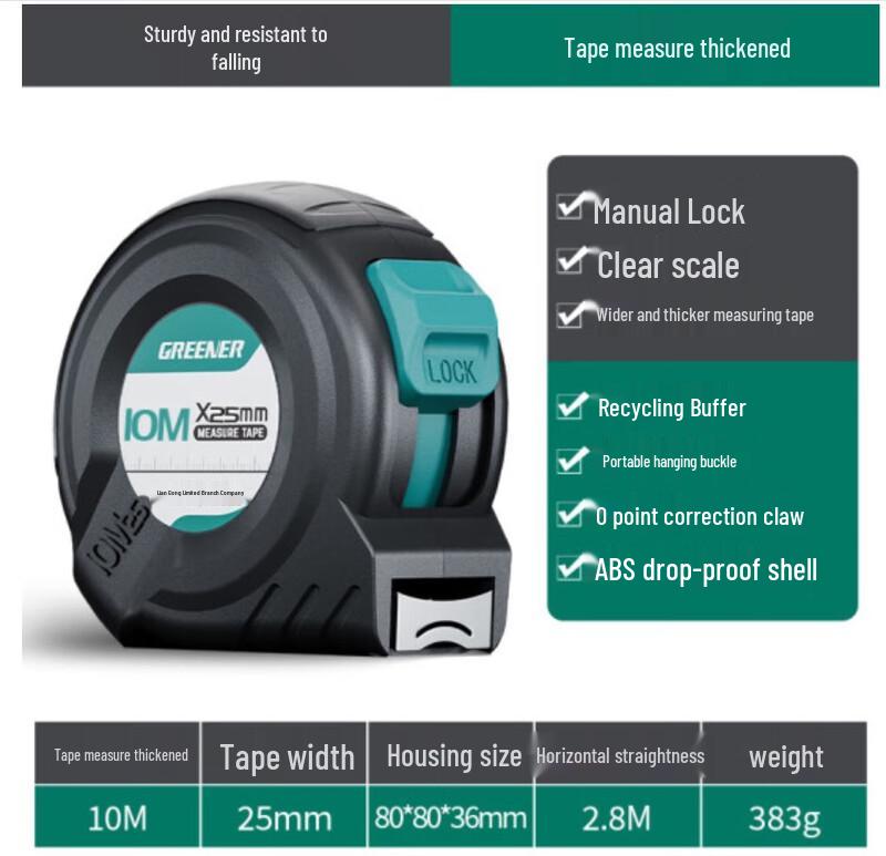 Green Forest 10m x 25mm Heavy-Duty Steel Tape Measure CN plug (adapter included)