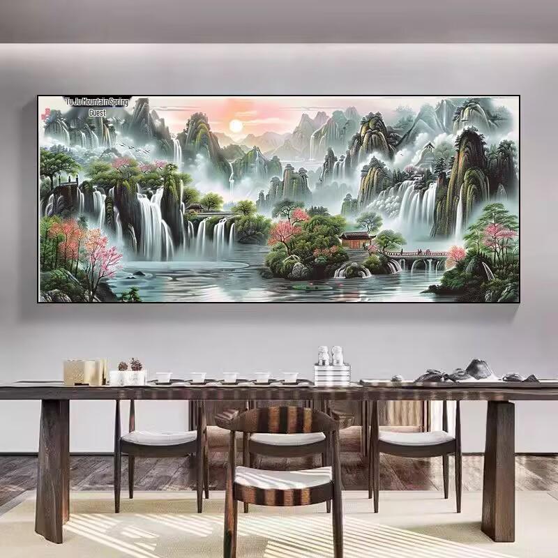 Flowing Wealth Landscape Cross-stitch: New Style Embroidery for Living Room or Study Room