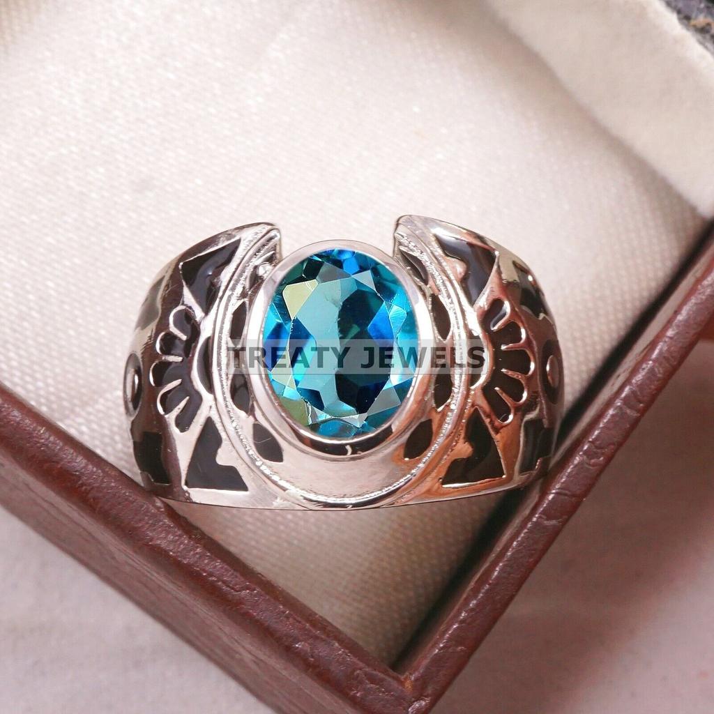 London Blue Topaz Oval Gemstone With 925 Sterling Silver Ring For Men's #B233 JL375675987374