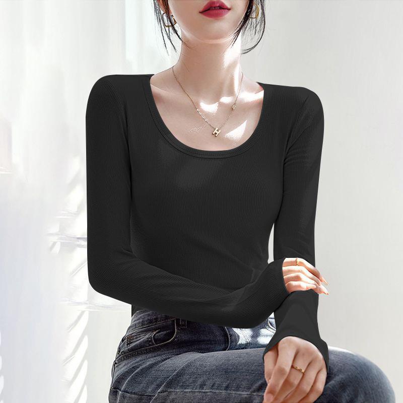 2025 Women's Slim Fit Black Long Sleeve Top: Versatile Low Neck Base Layer for Spring and Autumn