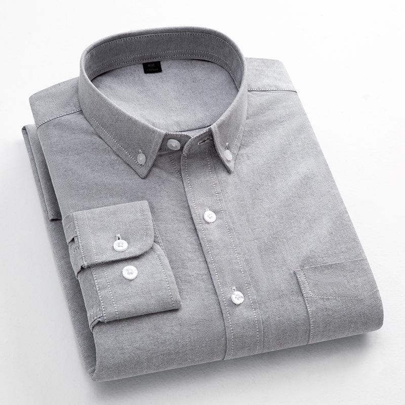 Men's Long-Sleeve Oxford Cotton Shirt - Breathable, Solid Color for Casual or Daily Wear
