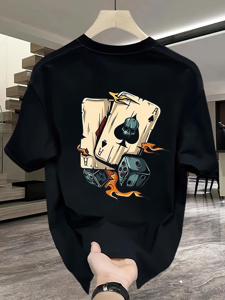 Men's Summer 100% Pure Cotton Fashionable Casual Loose Creative Poker and Dice Printed Sports Round Neck Short Sleeved T-shirt