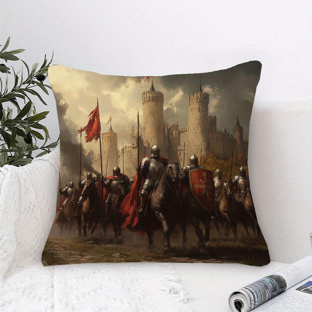 1Pc Medieval Knights Pillow Cover, 18X18 Inch, Short Plush Decorative Cushion Case With Zipper Closure, Single-Sided Print, Poly