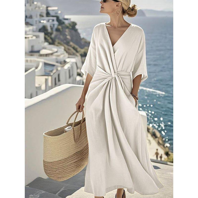 European and American New Style Summer Ins Women s Short-Sleeve Pleated Flared Dress White S