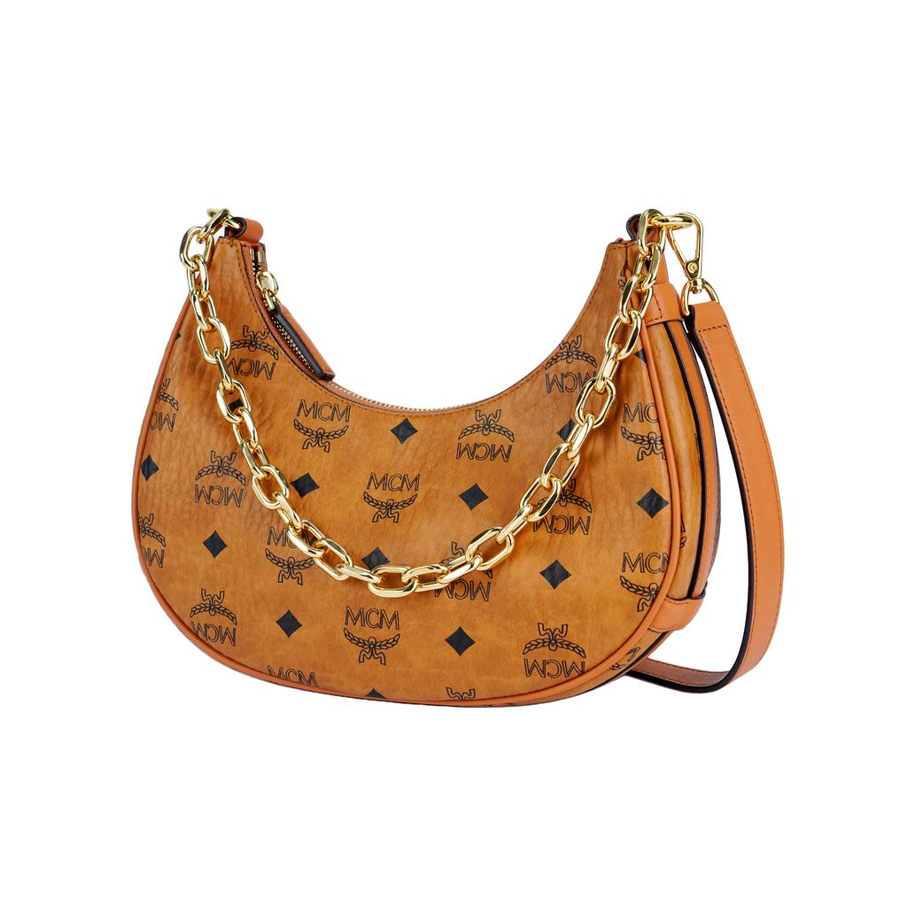New MCM Aren Coated Canvas Crescent Bag, Shoulder Bag, Handbag Small Women's Brown & Cognac MWHCATA11CO001
