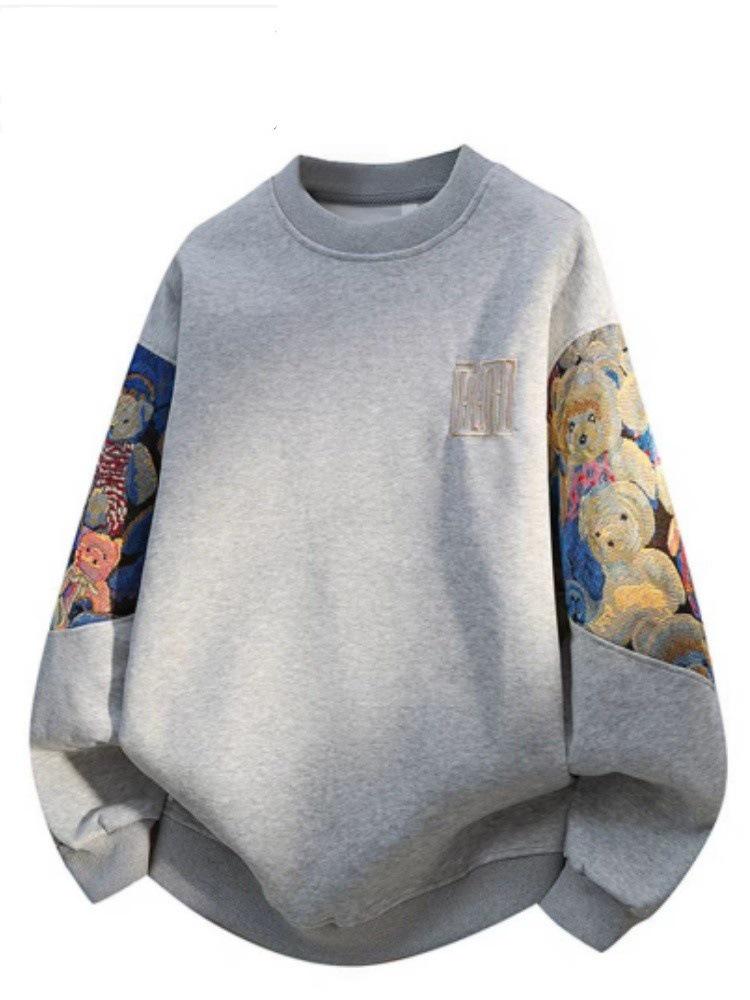 Plus Size Ethnic Style Embroidered Men's Hoodie - Autumn/Winter Retro Round Neck, Velvet, Long Sleeve, Enlarged Fit