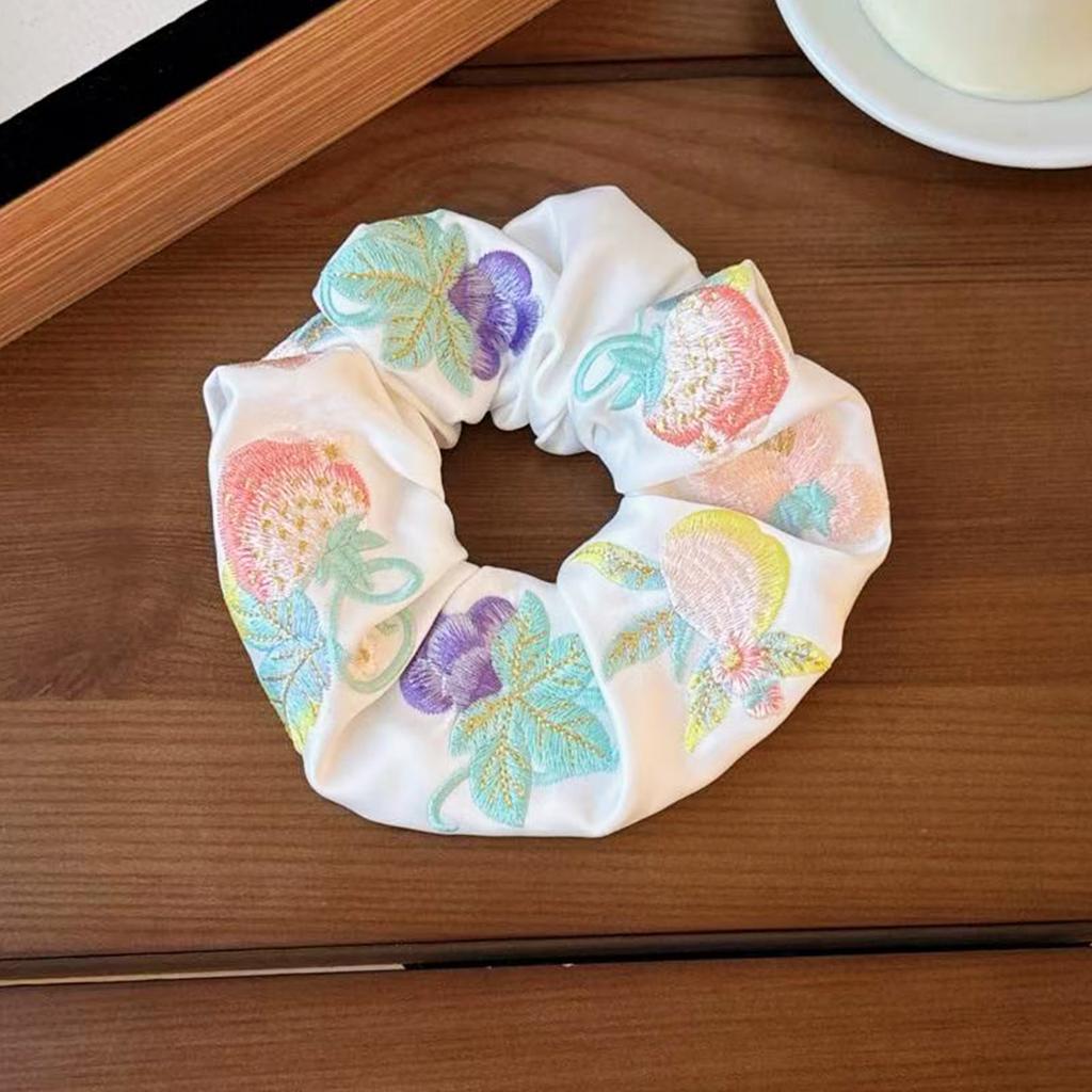 1pc high-end Korean strawberry grape and flower embroidery craft satin texture large elastic hair band for ladies