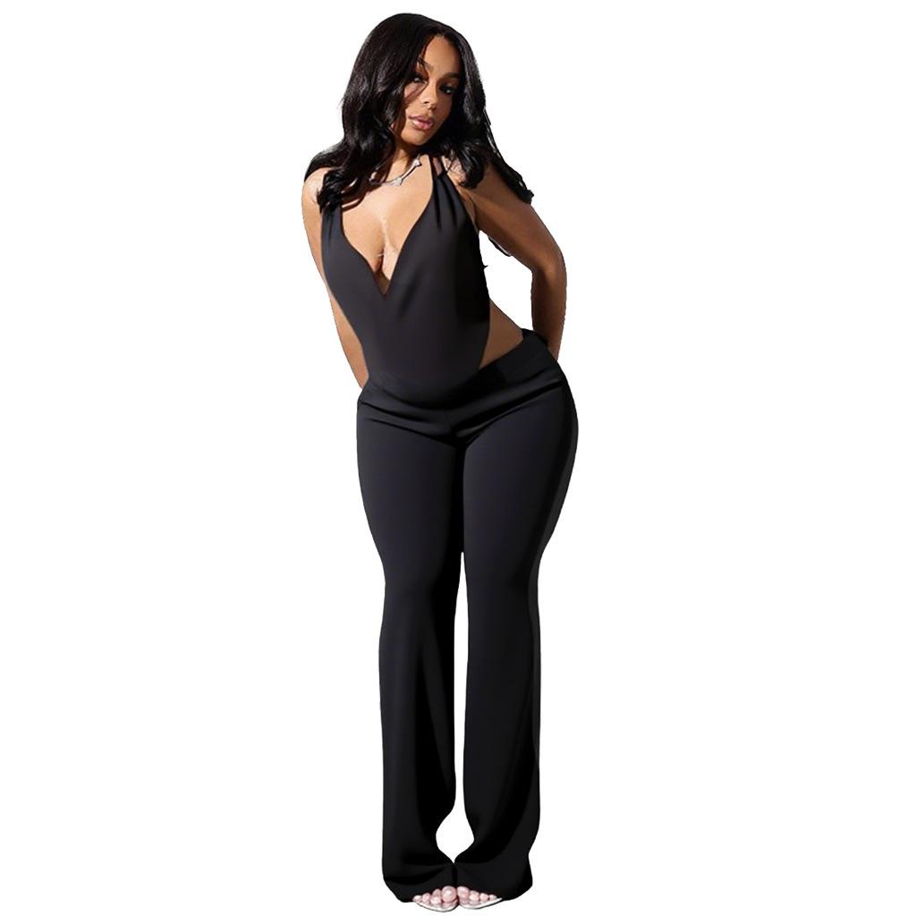 Women's Animal Print Halter Deep V Neck Cutout Wide Leg 2 Pcs Set