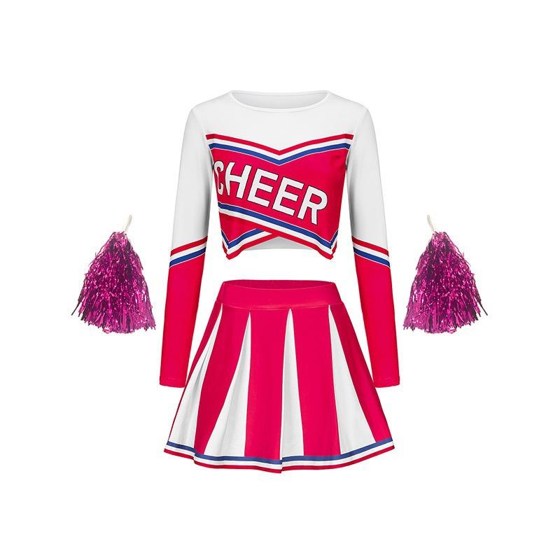Zombie Cheerleading Uniform Women's Long-sleeve Cheerleader Performance Top Short Skirt Pom-pom Halloween School Student Costume