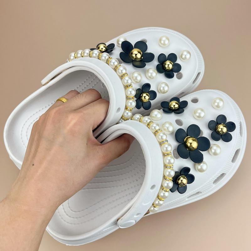Luxurious Pearls Black Flowers Shoes Charms Sandals Charms Decoration Set for Kids and Women Hole Shoes Accessories