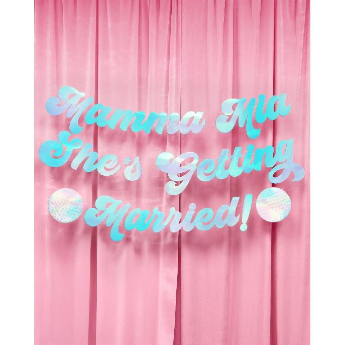 xo, Fetti Mamma Mia She's Getting Married Banner - Blue Iridescent Foil, 5 Ft. | Disco Bachelorette Decorations, 70s Backdrop, Groovy Bach Party,
