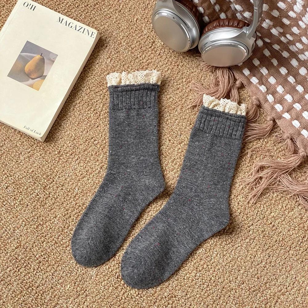 Solid Lace Ruffle Women Socks Japanese Fashion Middle-tube Lace Socks Women Korean Style Solid Color Black White Gray Long Socks