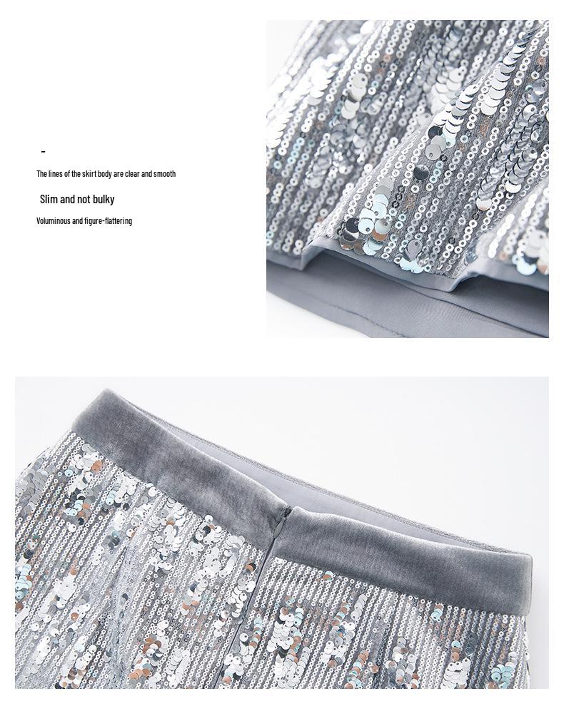 Dazzling Silver Sequin High-Waist Midi Skirt for Women - Autumn Fashion