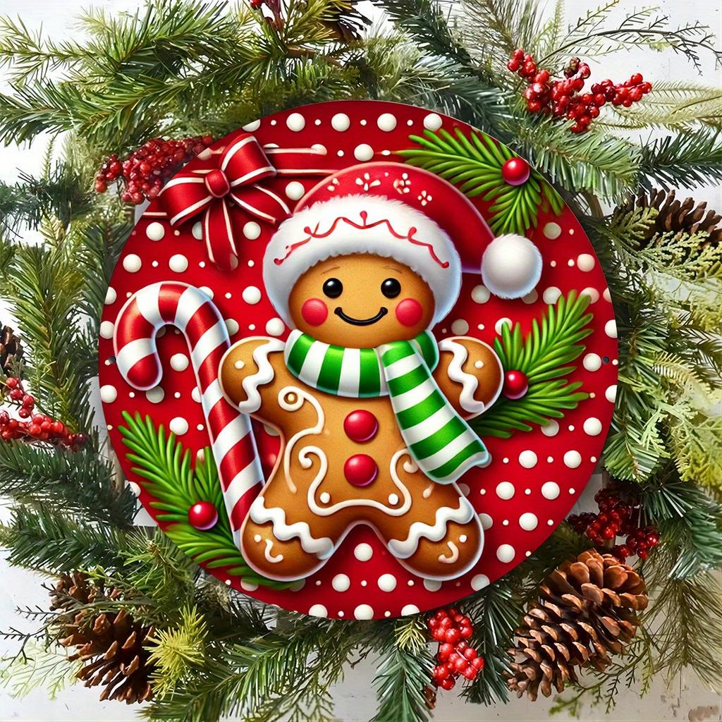 One, Gingerbread Man and Candy Cane Themed Round Aluminum Plaque, 7.8x7.8 Inches (20x20 Cm), Interior and Exterior Decoration
