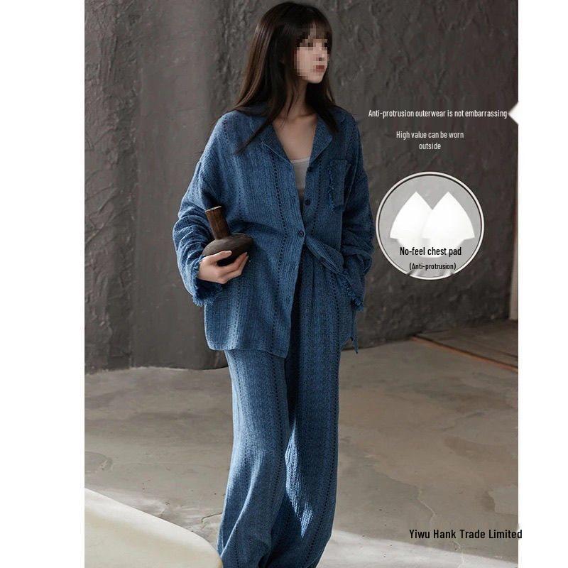 Damen Pyjama-Set aus reiner Baumwolle mit Brustpolstern - 2025 Neu Langarm & Hose, Herbst/Winter Homewear