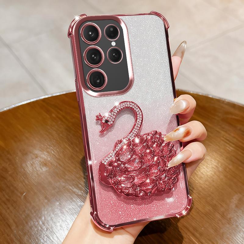 KEYSION Shockproof Plating TPU Phone Case for Samsung S24 S25 Ultra S25+ Glitter Jewelled Swan kickstand Cover for Galaxy S24 S25 FE 5G