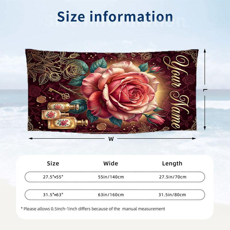 Roses Elegance Theme Quick Dry Beach Towel Custom Name Text Print Large Sand Resistant Towel Beach Vacation
