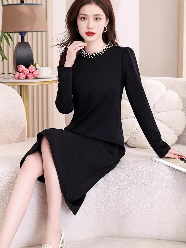Hepburn Style Women's Elegant Black Midi Dress - Versatile Long Sleeve for Spring/Autumn 2026