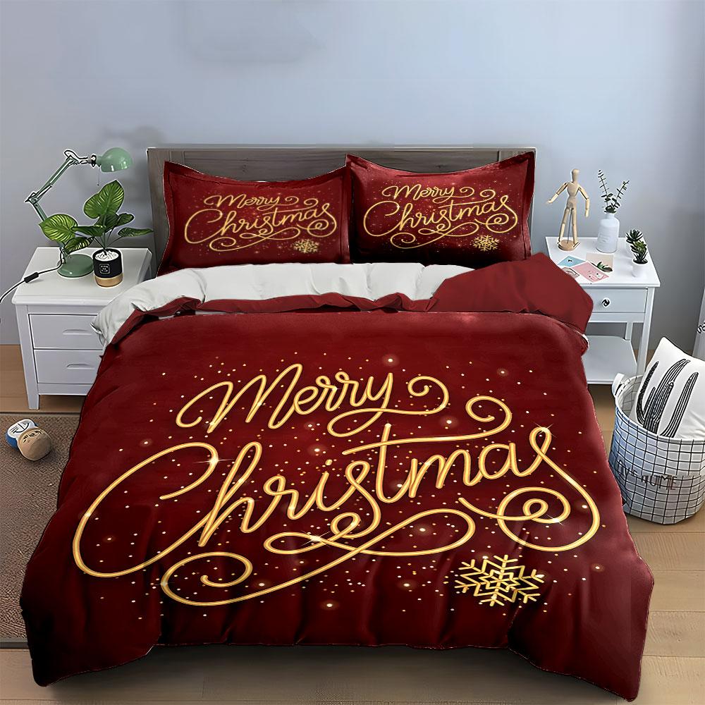 Merry Christmas Gold Text Bedding Duvet Cover Set Duvet Cover Pillowcases  (1*Duvet Cover 2*Pillowcases, without duvet insert)