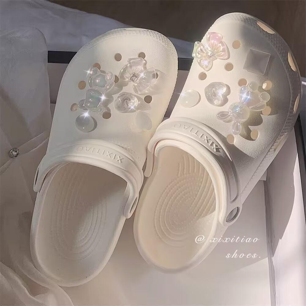 Iridescent Crystal Bear-Rabbit Clog Buckle: Cute Detachable Cartoon Shoe Decoration