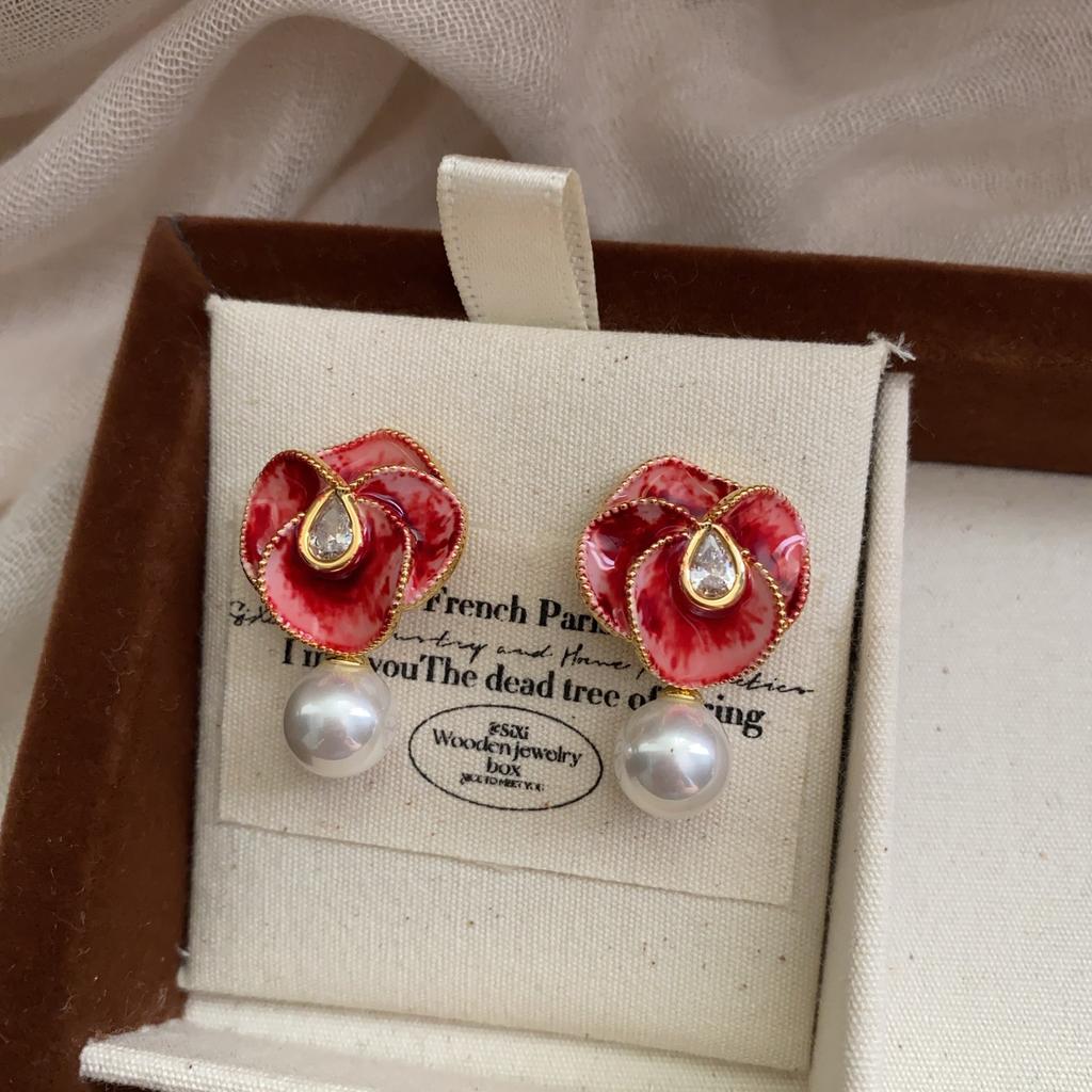 Enamel Craft Red Petal Zircon Pearl Stud Earrings 20 Earrings Light Luxury Gorgeous Temperament Earrings