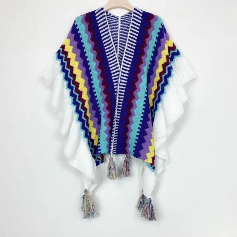 Bohemian Shawl: Autumn/Winter Striped Ruffle Cape - Qinghai-Tibet Line Travel Wear