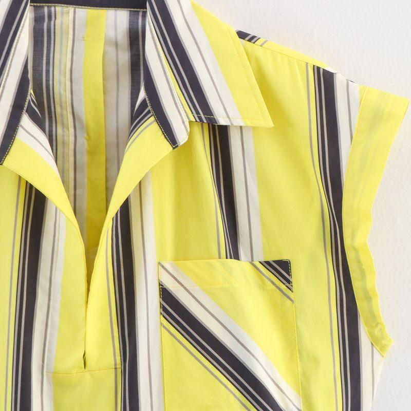 Kaslead New Women Clothes Western Style Fashion Simple Stripe Puffy Lapel Sleeveless Hanging Shoulder Dress