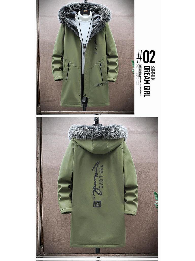 Men's Winter Fleece-Lined Hooded Mid-Length Printed Cotton Coat - Trendy & Warm Casual Jacket