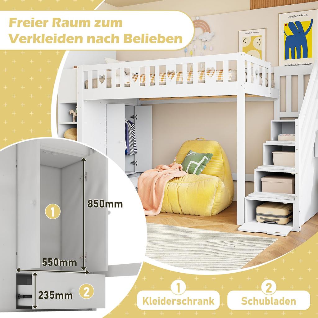 Hochbett 90x200, Kinderbett Ablageleiter, Herz-Geländer, Stauraum, klappbarer Stauschrank/Regale, Weiß (ohne Matratze)