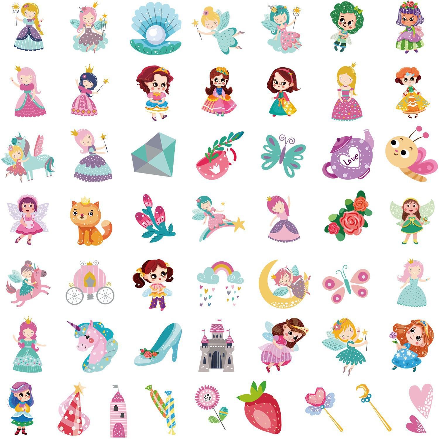 100 Fairytale Princess Waterproof Stickers: Skateboard, Luggage, Phone Decor