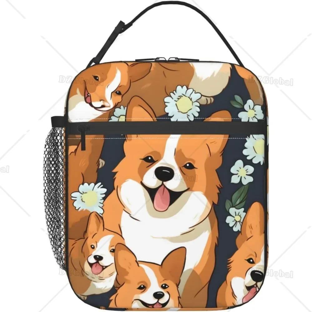 Reusable Insulated Lunch Bag Cute Corgi Dog Cartoon Thermal Lunch Box with Front Pocket Puppy Pet Dog Lover Container Cooler Bag