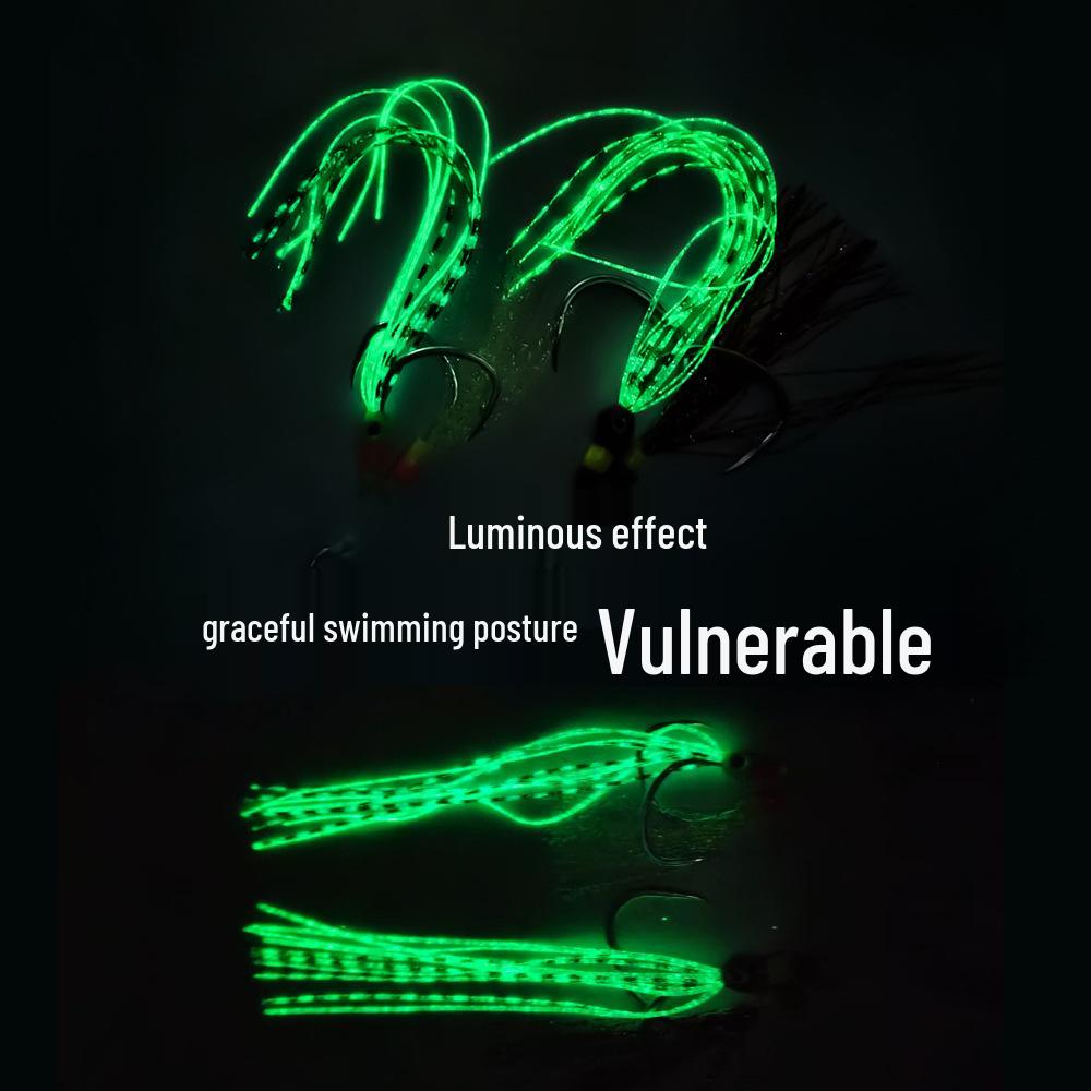 Hand-Tied Luminous Sea Fishing Jig with Double Silicone Ribbons and High Carbon Steel Fish Hooks.