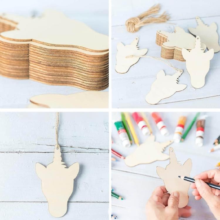 Unpainted Wood Cutout Hanging Ornaments Unicorns Wood Crafts Label Plaques with Rope