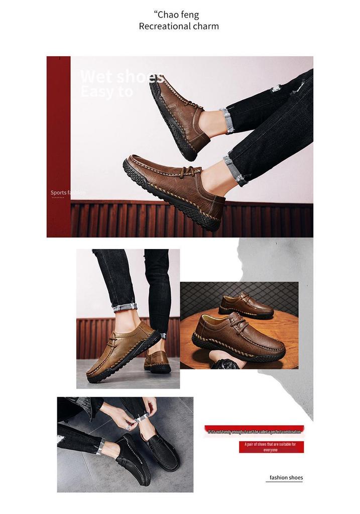 Men's Hand-Stitched Leather Casual Shoes - Four Seasons, Low-Top, Large Size, Outdoor Hiking Style