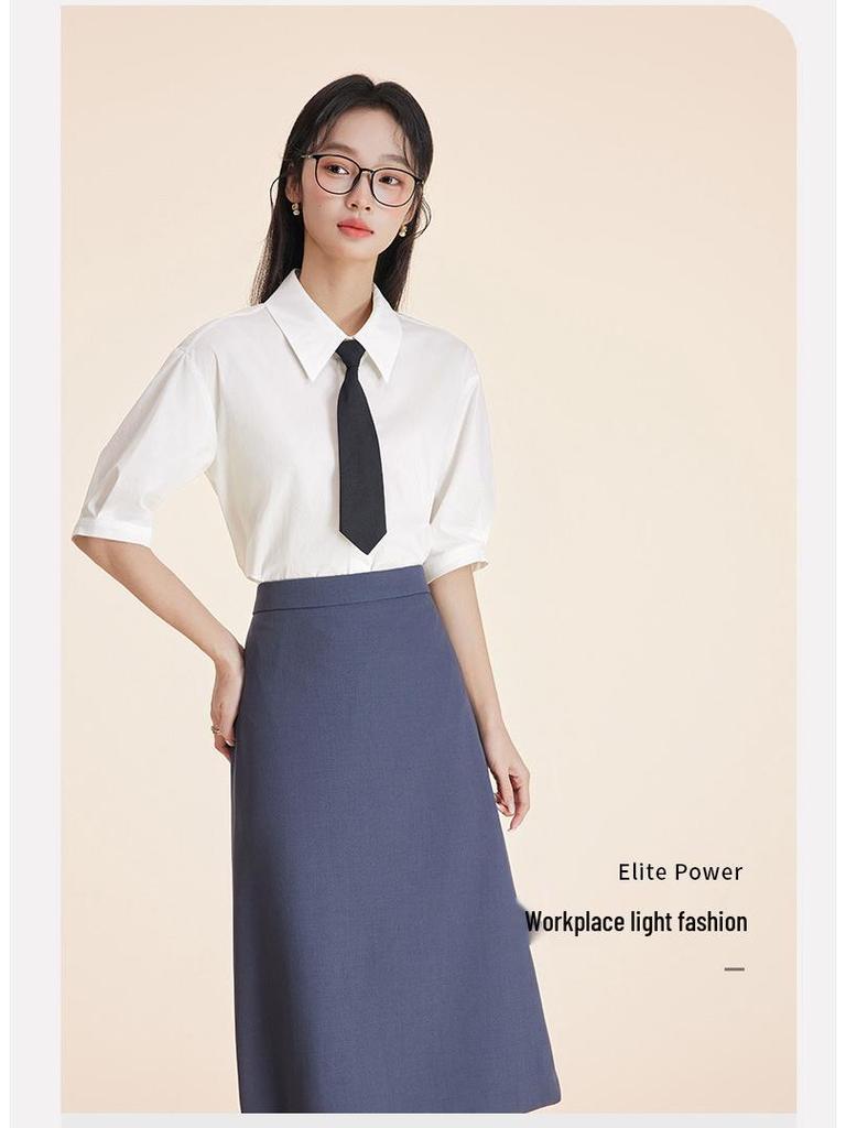Women's Short-Sleeve White Wrinkle-Resistant Professional Shirt and Suit Dress Set for Work or Interviews