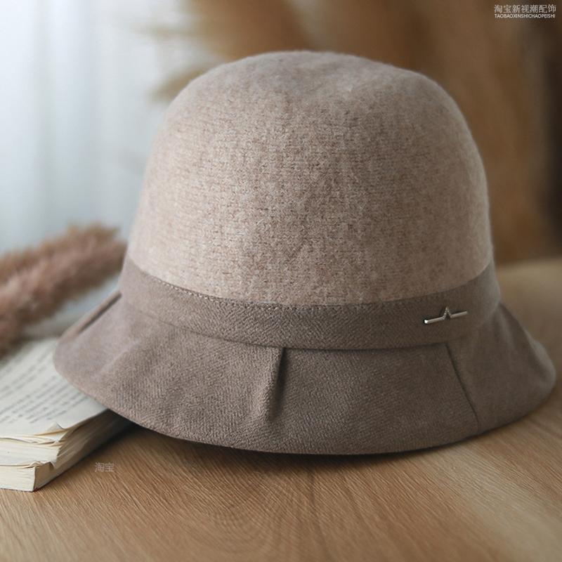 Autumn and winter new bucket hat women's pleated brim versatile wool blend winter warm temperament elegant basin hat